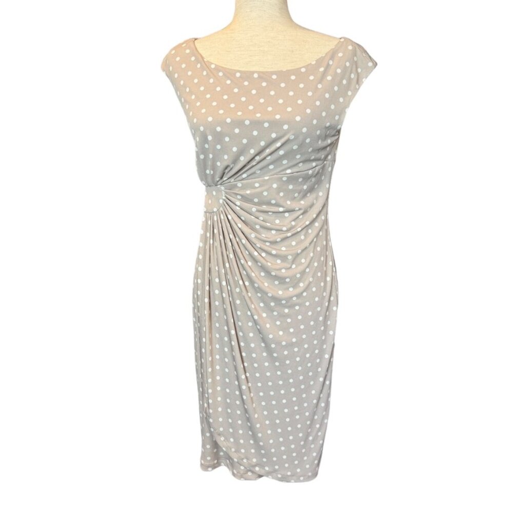 CONNECTED light taupe and white polka dot dress Size 6 EUC